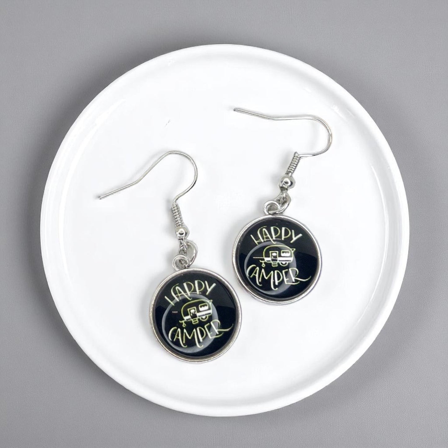 Embrace the Journey with "Happy Camper" Cabochon Dangle Earrings