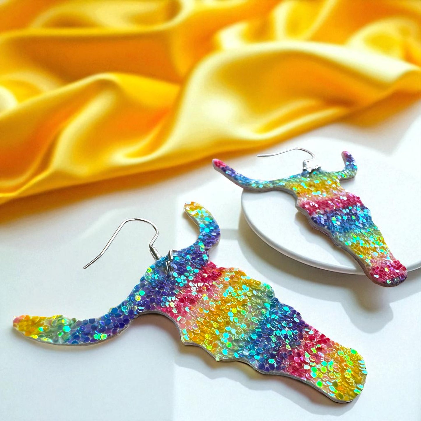Longhorn Dangle Earrings - Sparkle with Rainbow Glitter!
