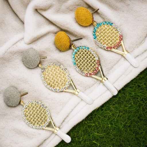 Sparkle on the Court with Our Rhinestone Tennis Racket Dangle Earrings! 🎾