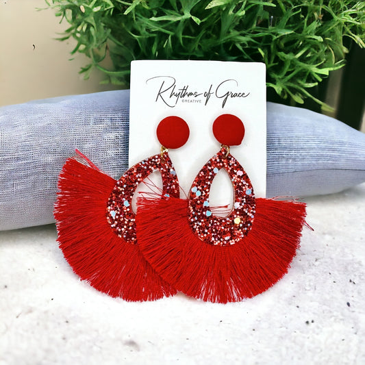 Sparkling Red Glitter Tassel Dangle Earrings - Bold Statement Jewelry