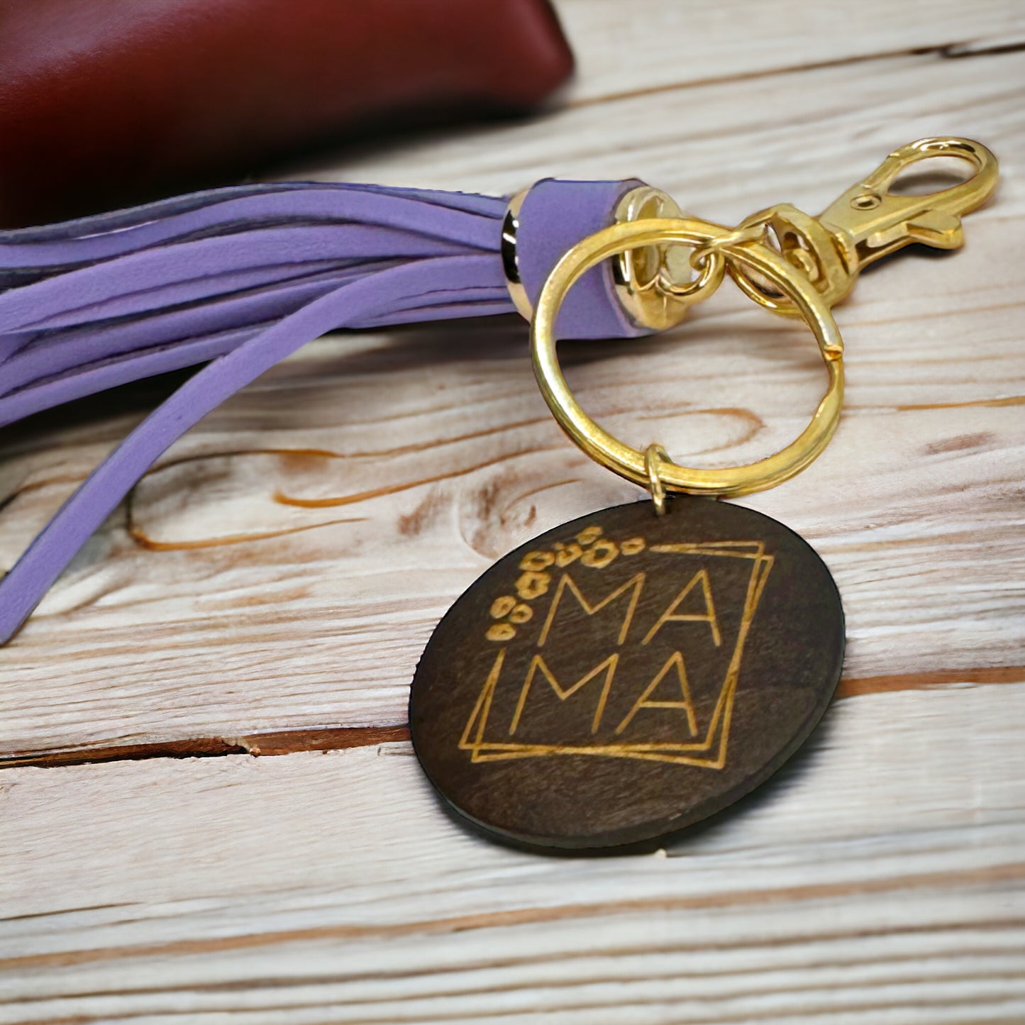 Rustic Wooden Mom Key Chain with Lavender Tassel