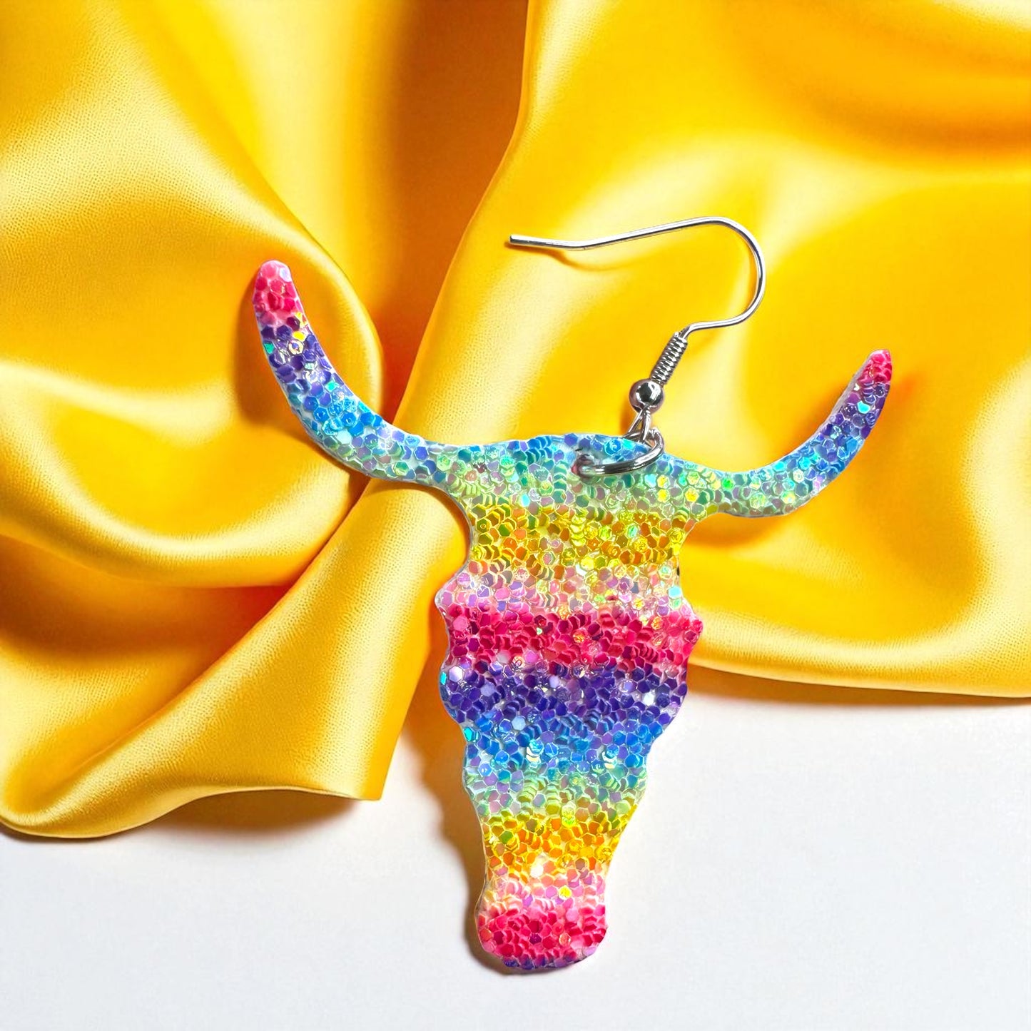 Longhorn Dangle Earrings - Sparkle with Rainbow Glitter!