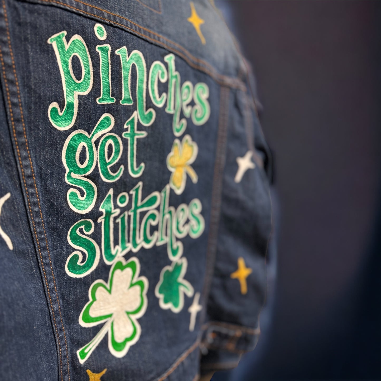 Hand Painted Jean Jacket: “Pinches Get Stitches”, St Patrick’s Day Jacket, Hand Painted, Shamrock