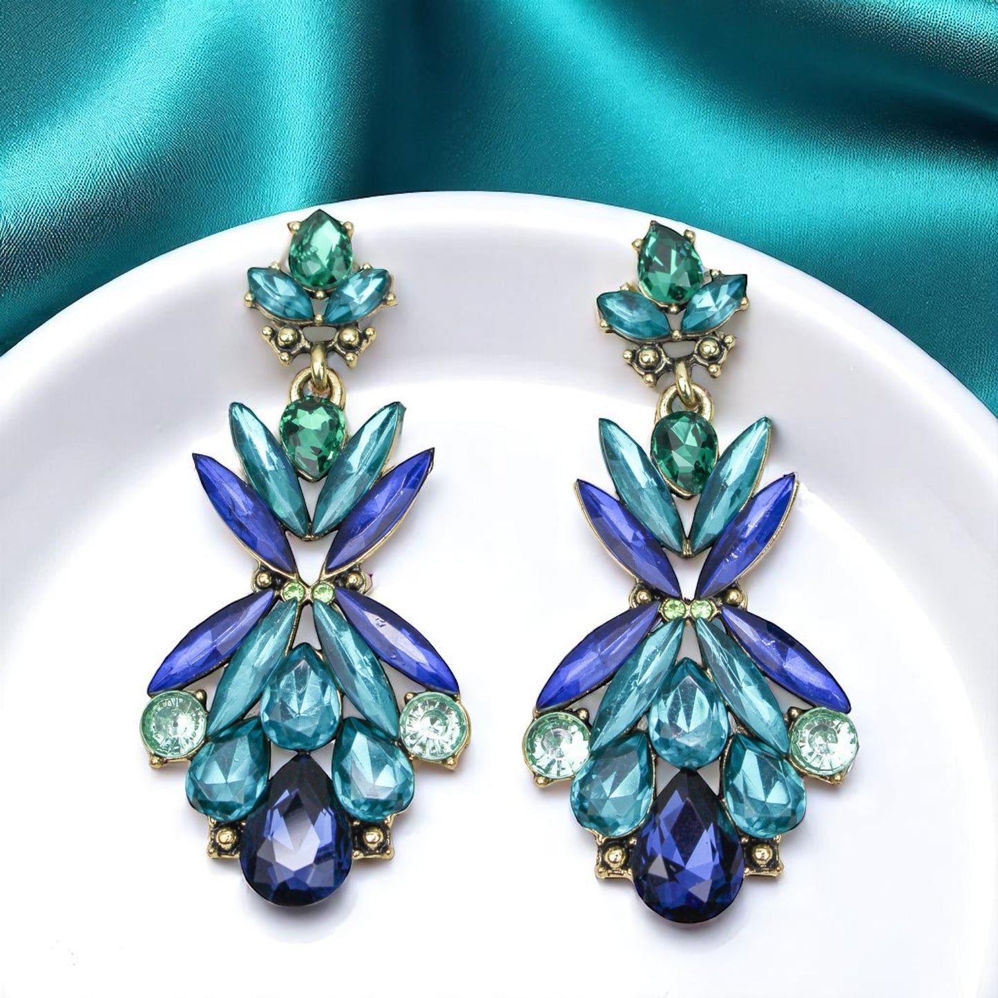 Gorgeous Blue-Green Rhinestone Dangle Earrings