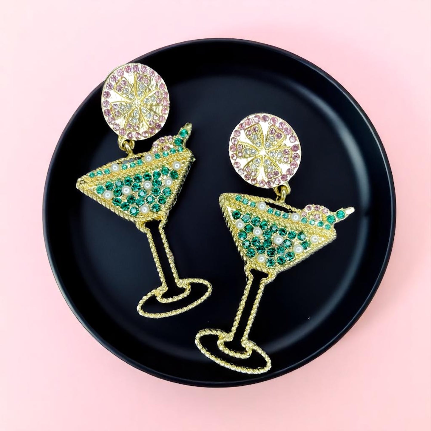 Sparkling Emerald & Pink Martini Dangle Earrings - Glamorous Statement Jewelry
