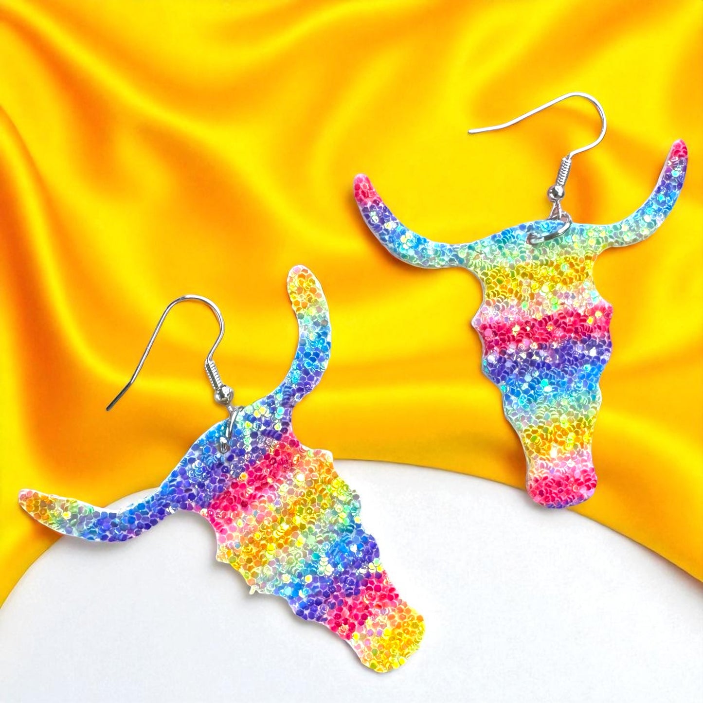 Longhorn Dangle Earrings - Sparkle with Rainbow Glitter!