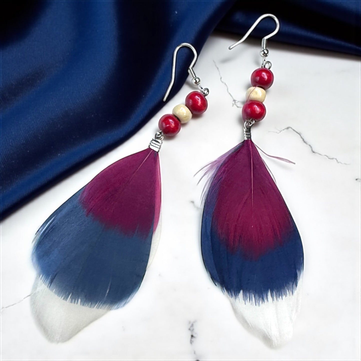 Boho Chic Red, White & Blue Feathered Dangle Earrings
