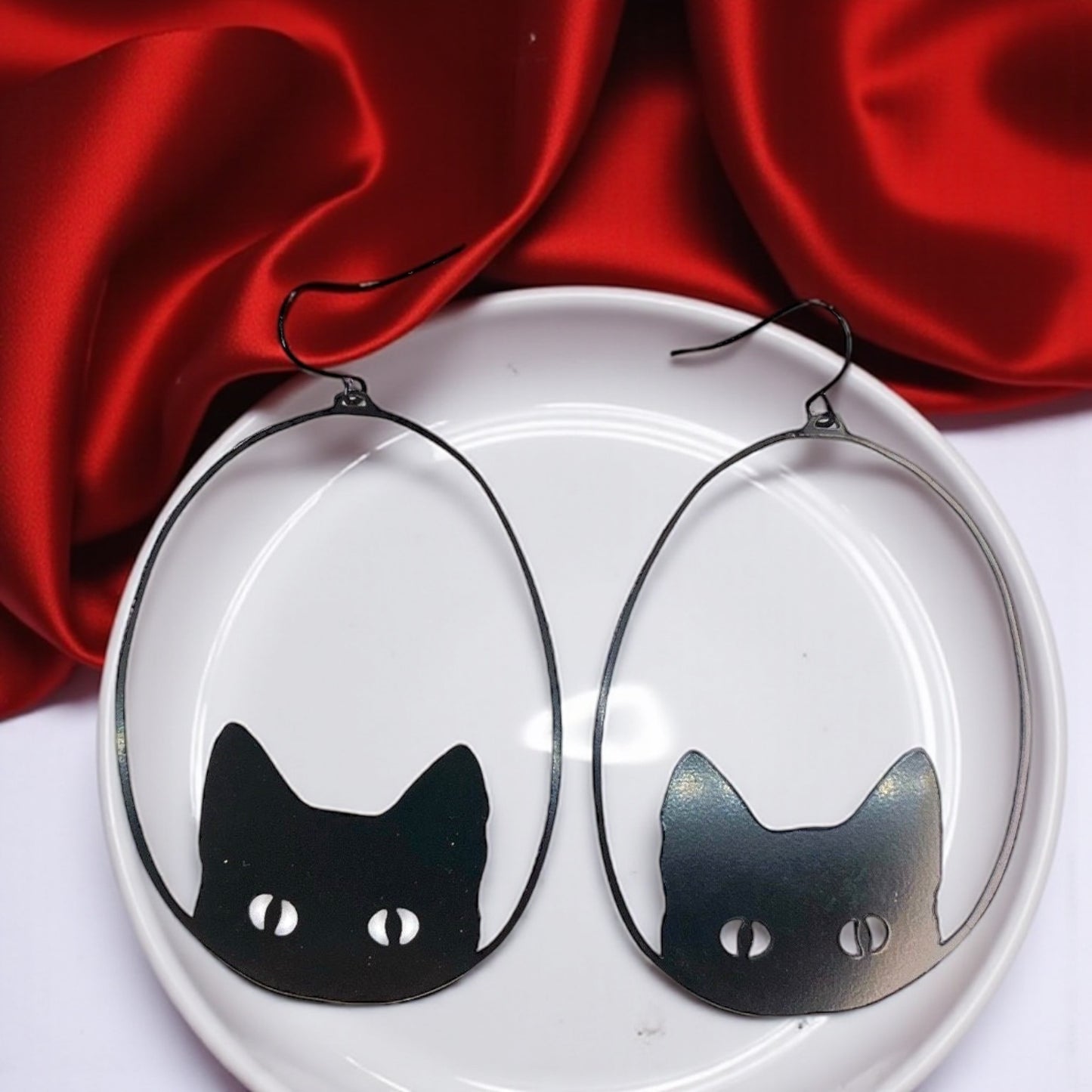 Oversized Black Metal Cat Dangle Earrings - Embrace Your Inner Feline!
