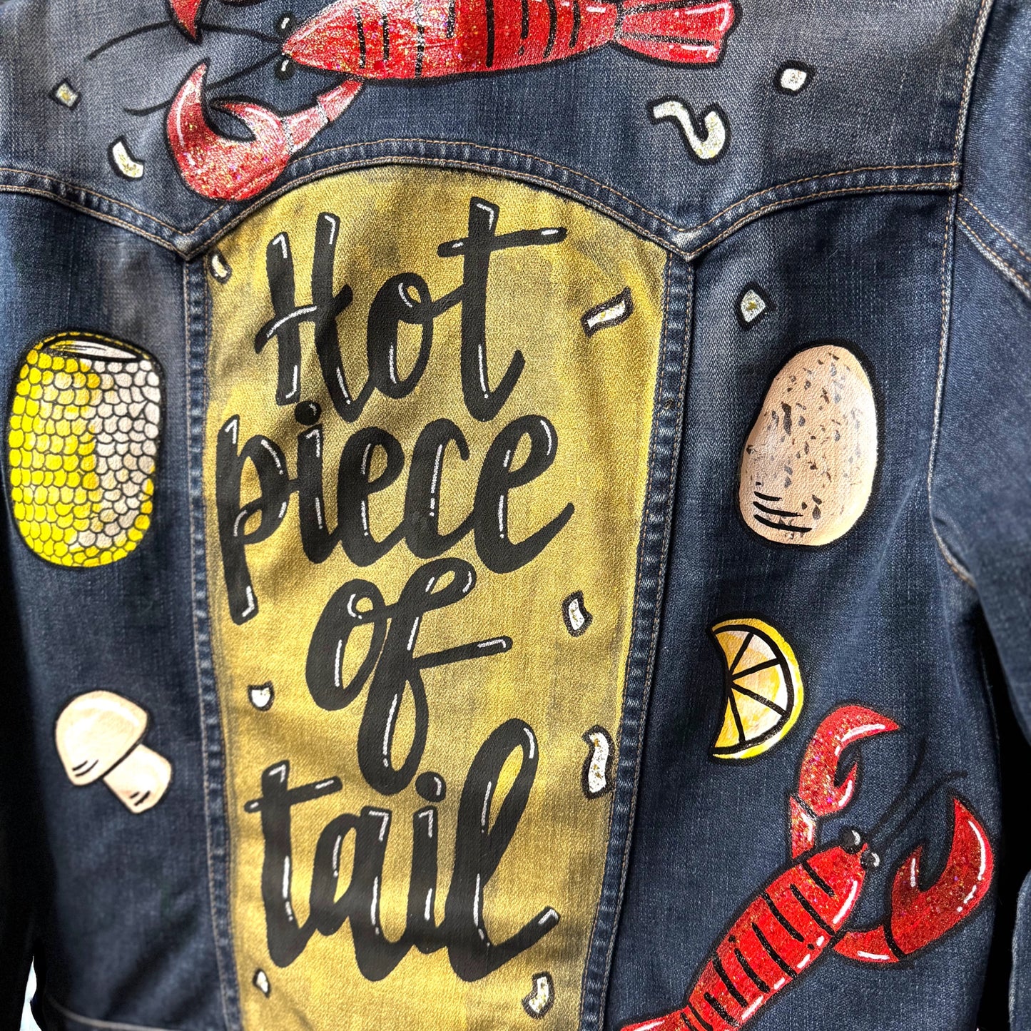 Hand Painted Jean Jacket: “Hot Piece of Tail” - Cajun Jacket, Crawfish, Mardi Gras, Mardi Gras Jacket, New Orleans, Purple Green Gold, Mardi Gras, Parade Outfit