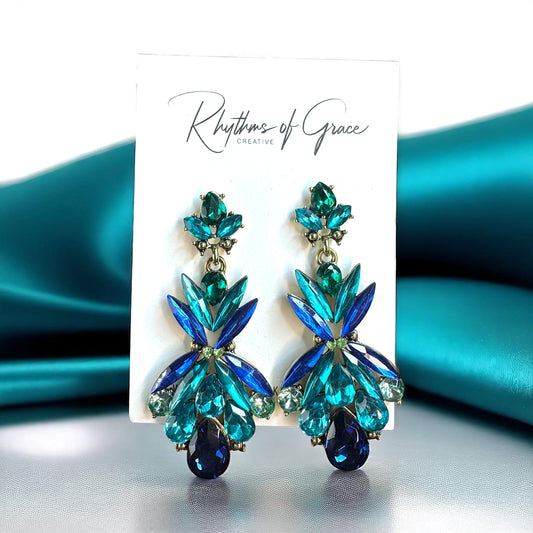 Gorgeous Blue-Green Rhinestone Dangle Earrings