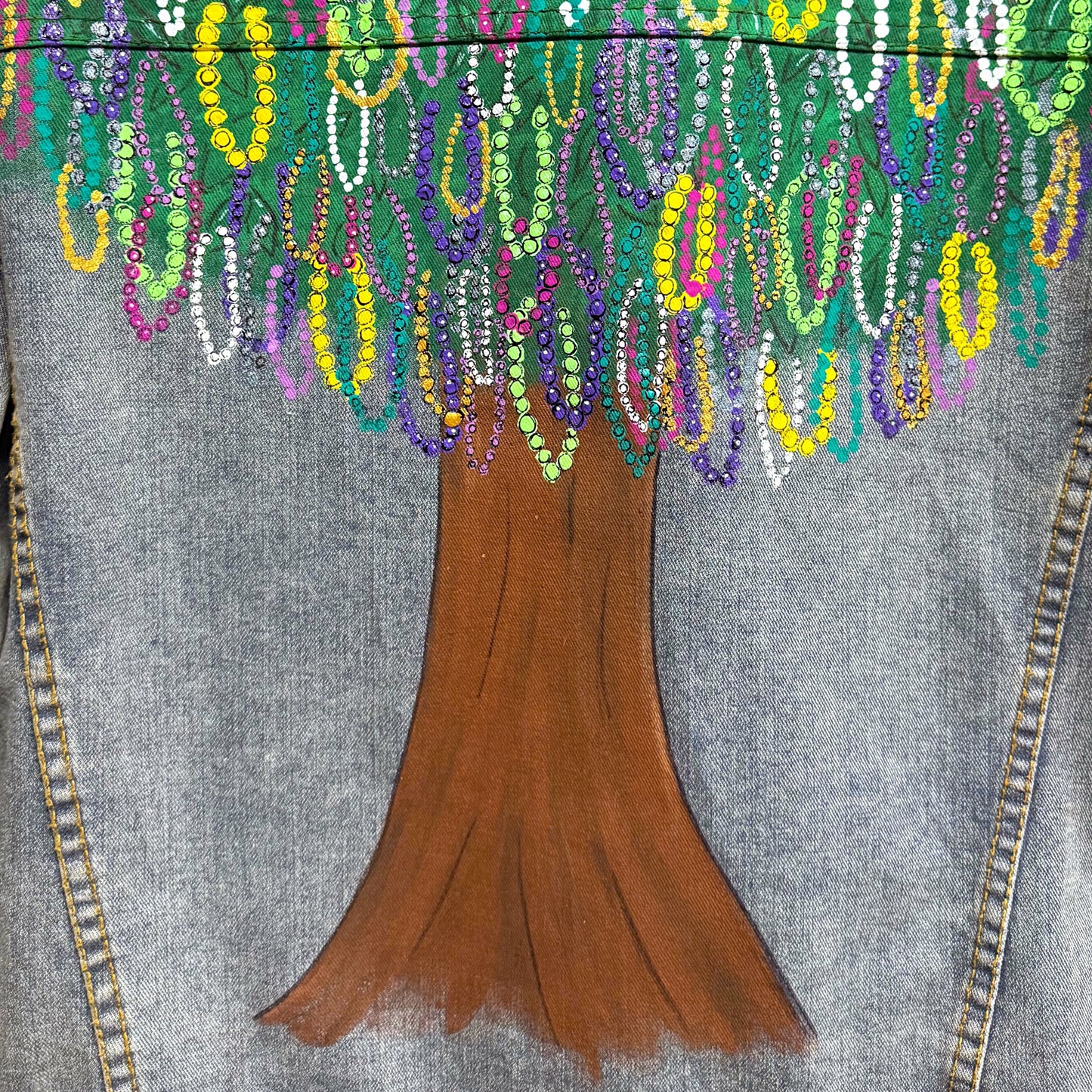 Hand Painted Jean Jacket: “Mardi Gras Bead Tree”