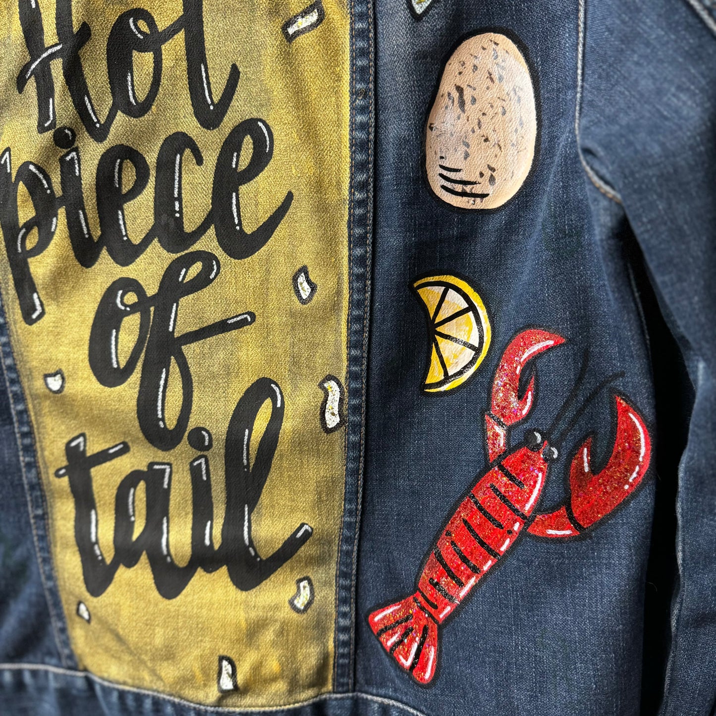 Hand Painted Jean Jacket: “Hot Piece of Tail” - Cajun Jacket, Crawfish, Mardi Gras, Mardi Gras Jacket, New Orleans, Purple Green Gold, Mardi Gras, Parade Outfit