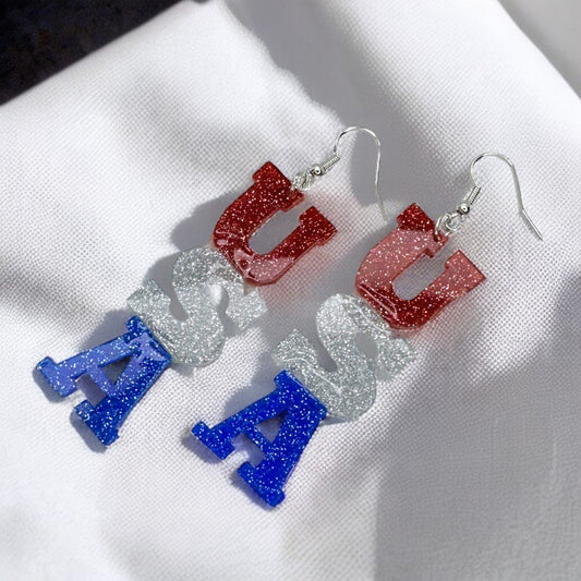 Sparkling USA Glitter Acrylic Dangle Earrings - Patriotic Statement Jewelry