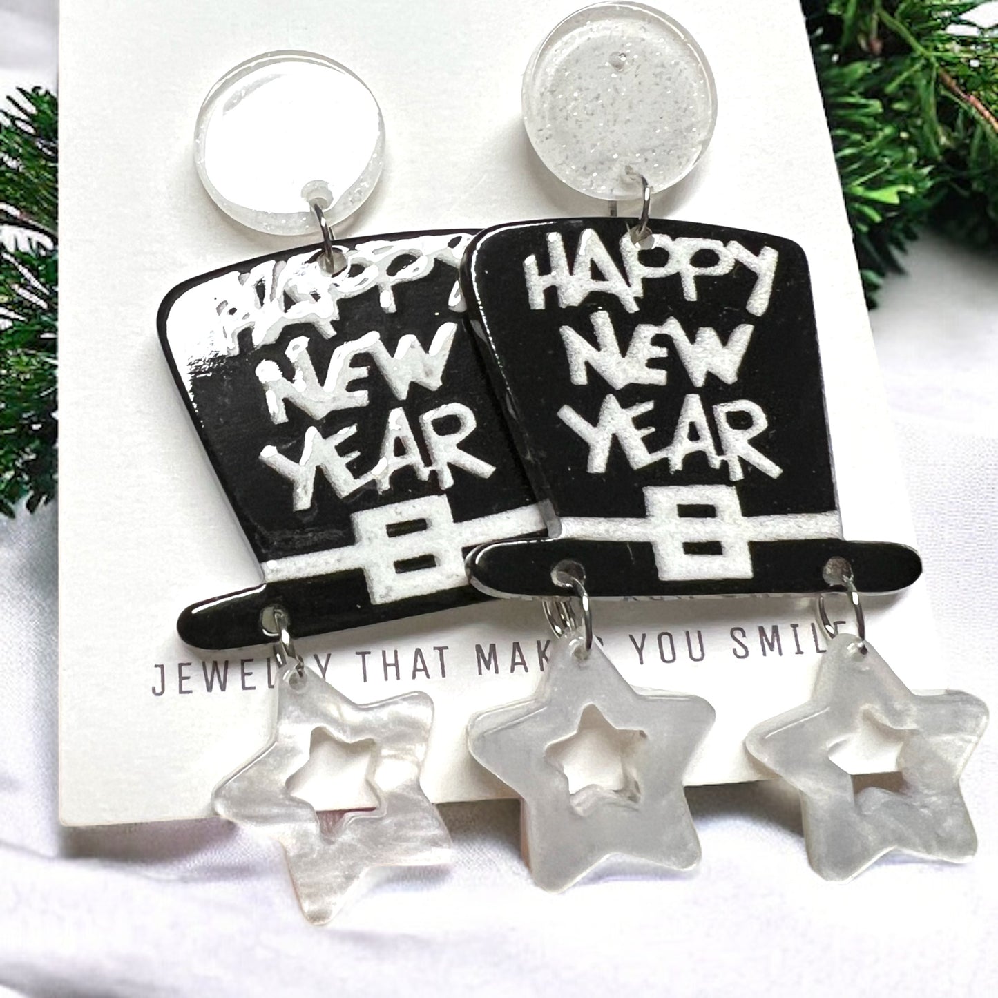 Black & White “Happy New Year” Earrings - Rhythms of Grace Creative