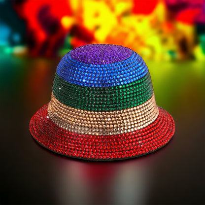 Rhinestone Rainbow Hat - Rhinestone Hat, Mardi Gras Headpiece, Bucket Hat, Mardi Gras Accessories, PRIDE, Rhinestone Headpiece