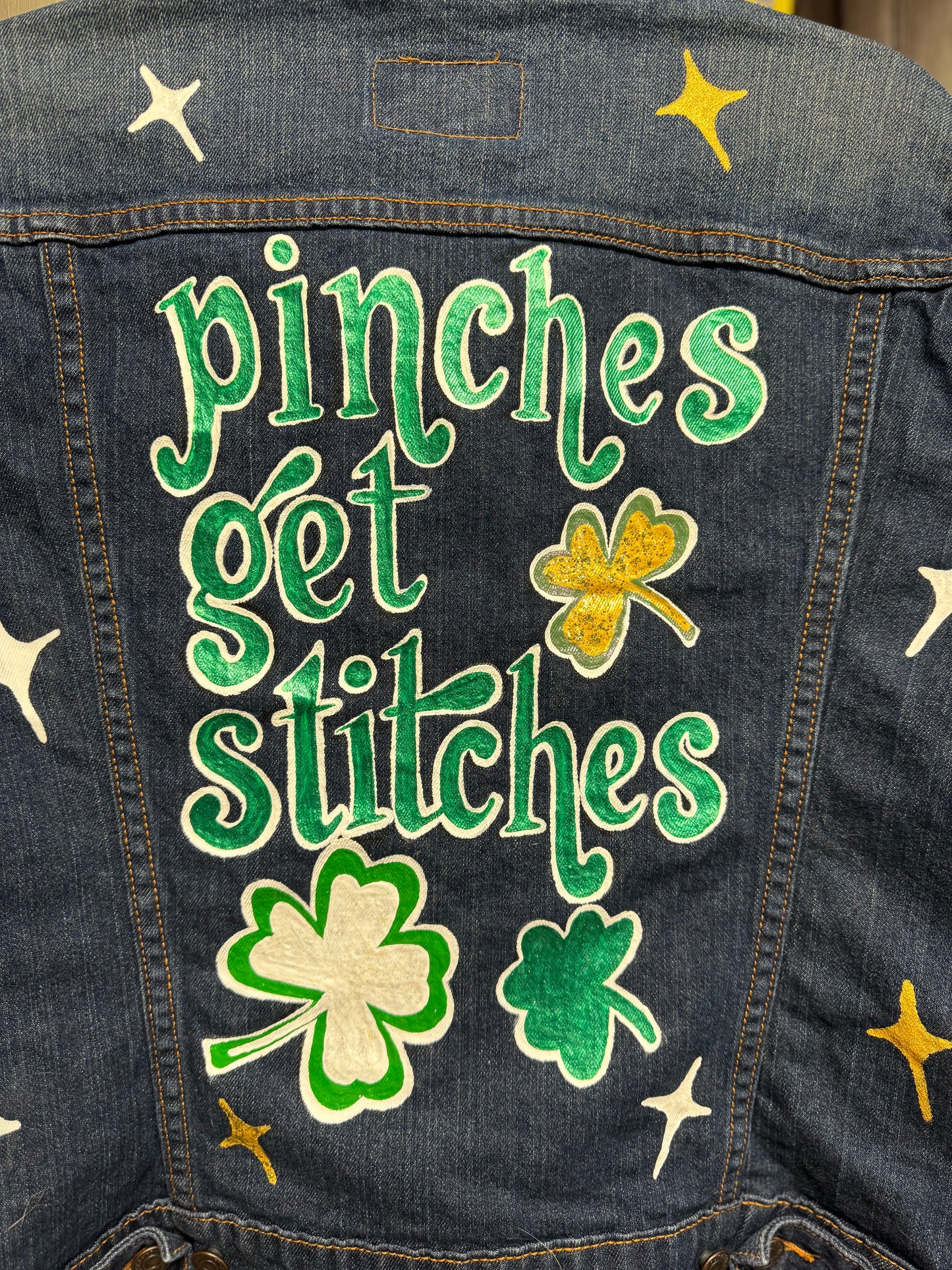 Hand Painted Jean Jacket: “Pinches Get Stitches”, St Patrick’s Day Jacket, Hand Painted, Shamrock