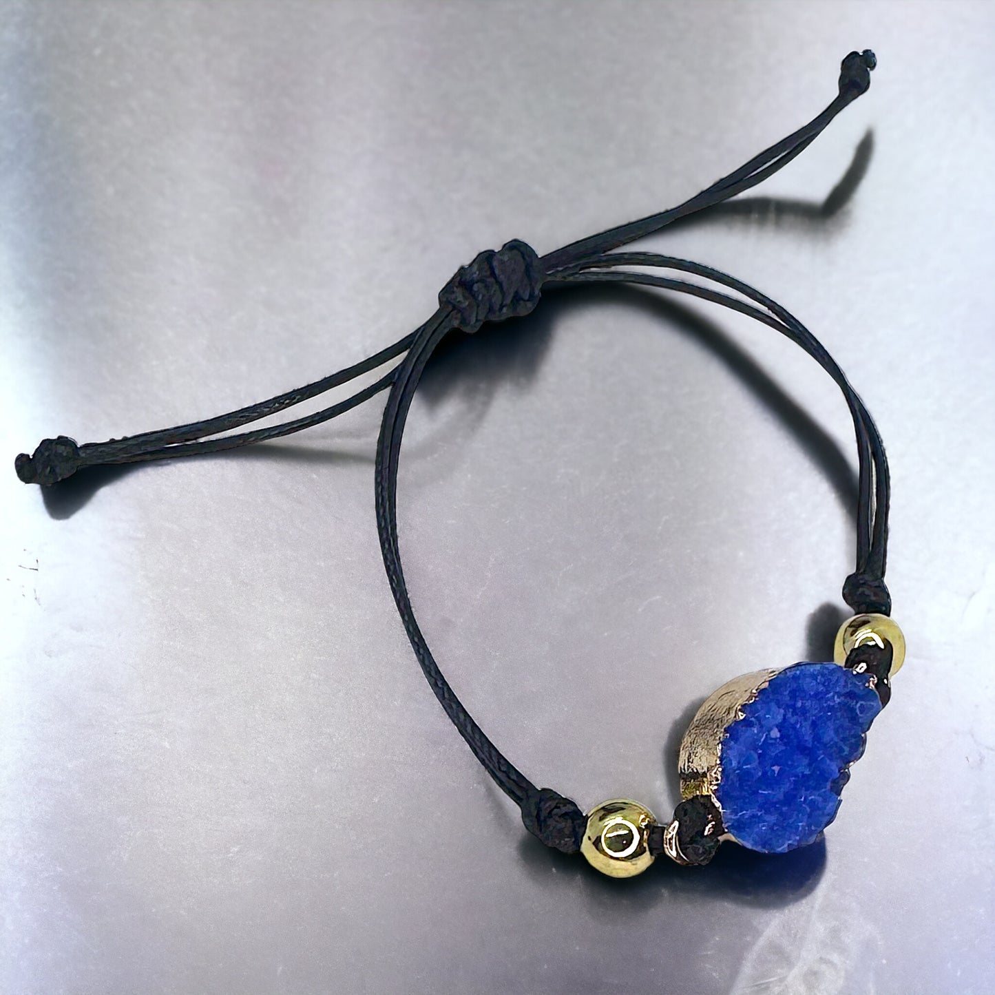 Black Leather Bracelet with Gold and Blue Charm