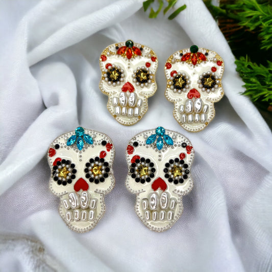 Sugar Skull Earrings - Halloween Earrings, Rhinestone Skull, Halloween Teacher, Jeweled Halloween, Skeleton Earrings - Rhythms of Grace Creative