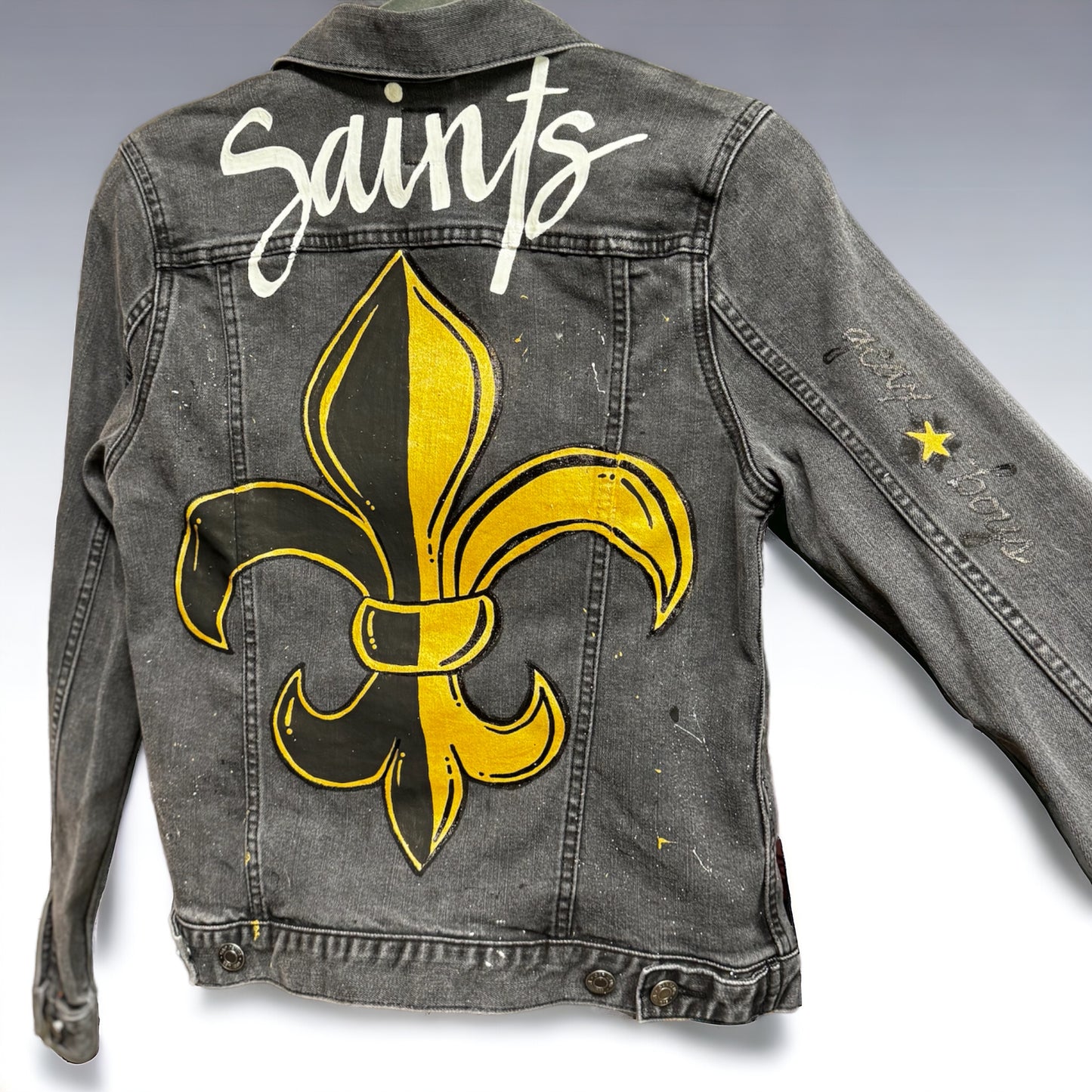 Hand Painted Jean Jacket:”Saints”, New Orleans Jacket, Hand Painted, NOLA Saints, Louisiana