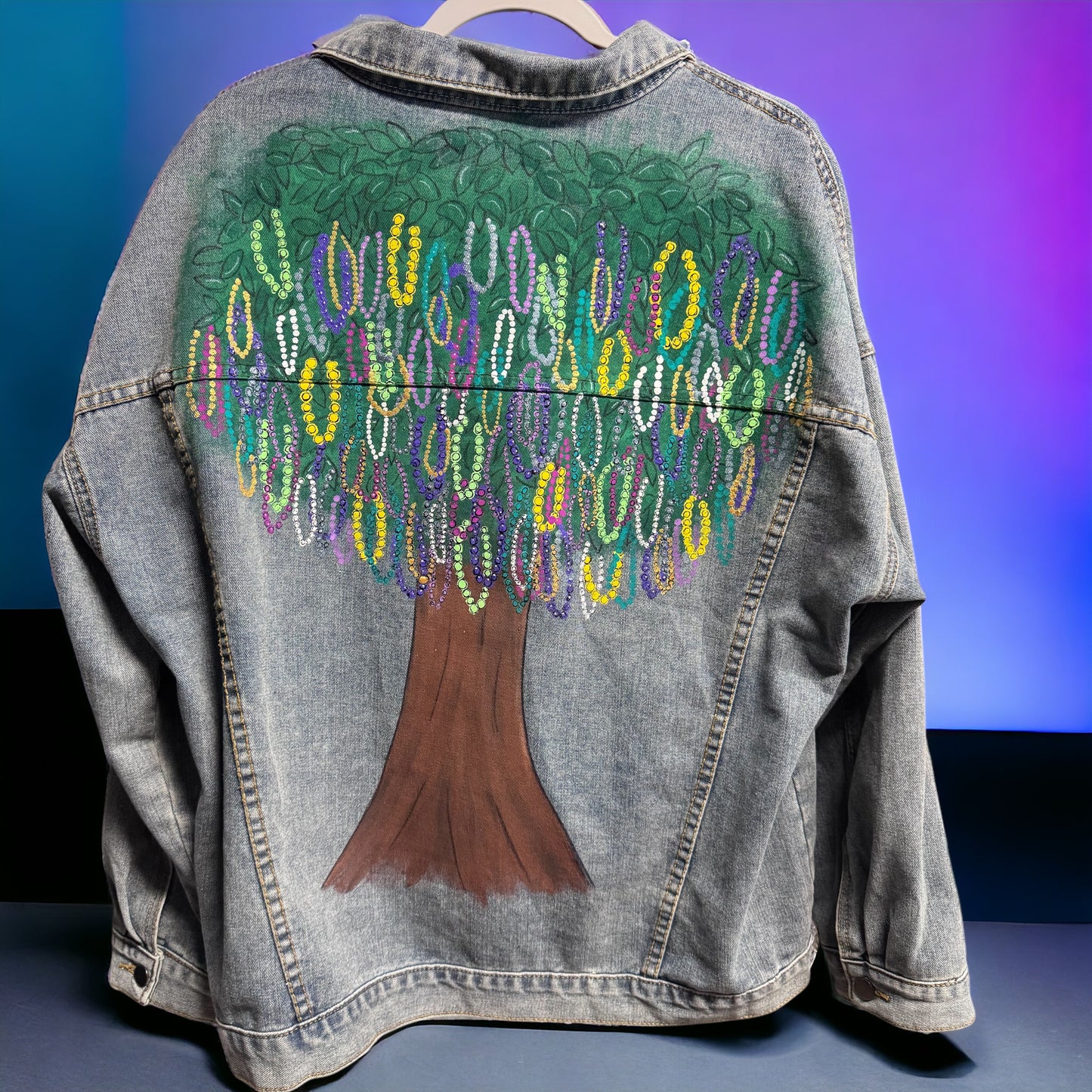 Hand Painted Jean Jacket: “Mardi Gras Bead Tree”