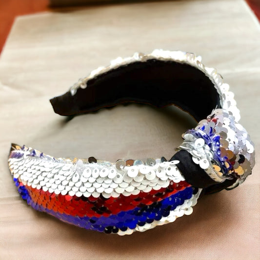 Sequined Patriotic Headband - Handmade Headpiece, Red White and Blue, Stars and Stripes, Military Mom