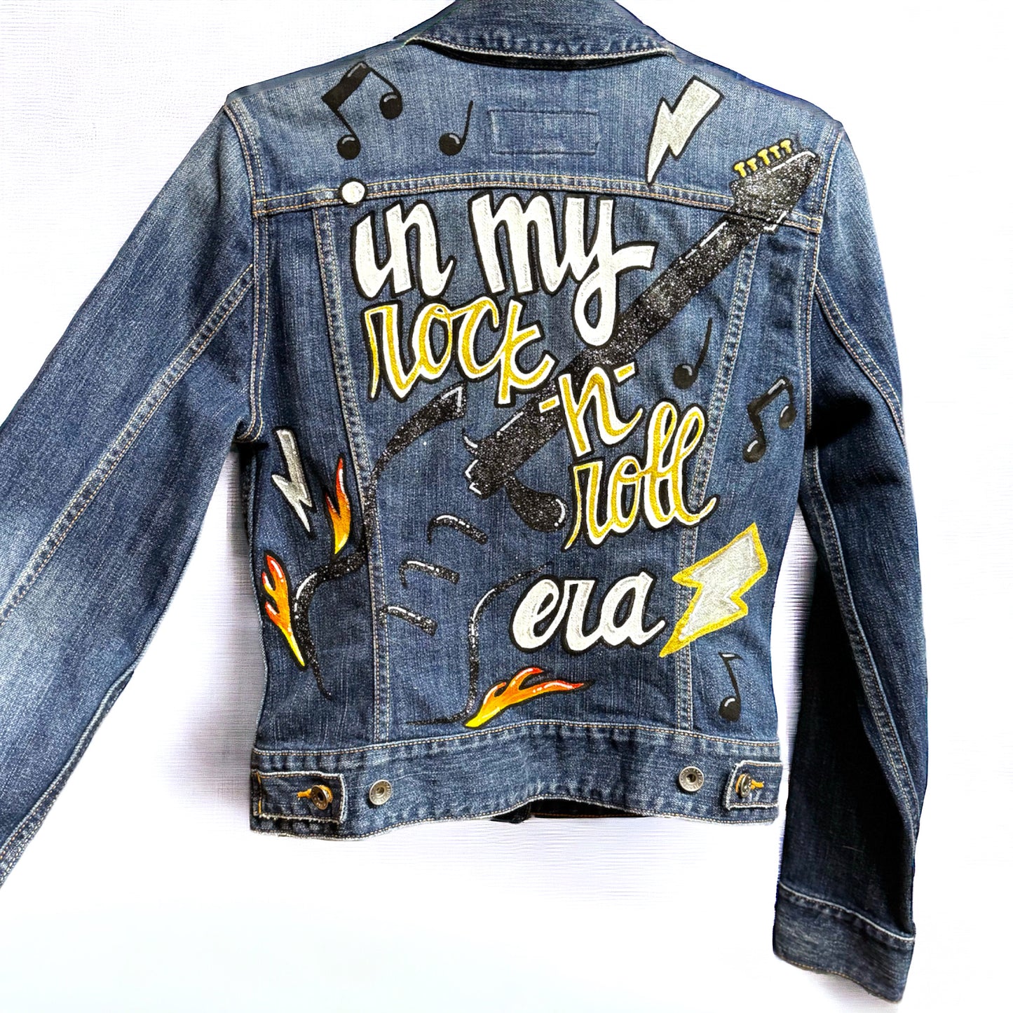 Hand Painted Jean Jacket: “In My Rock-n-Roll Era” - Eras Tour, Mardi Gras, Jazz Feat, New Orleans, Music Concert, Festival, Parade Outfit