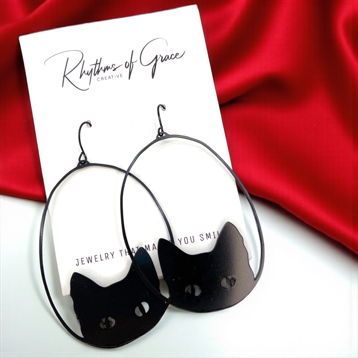 Oversized Black Metal Cat Dangle Earrings - Embrace Your Inner Feline!