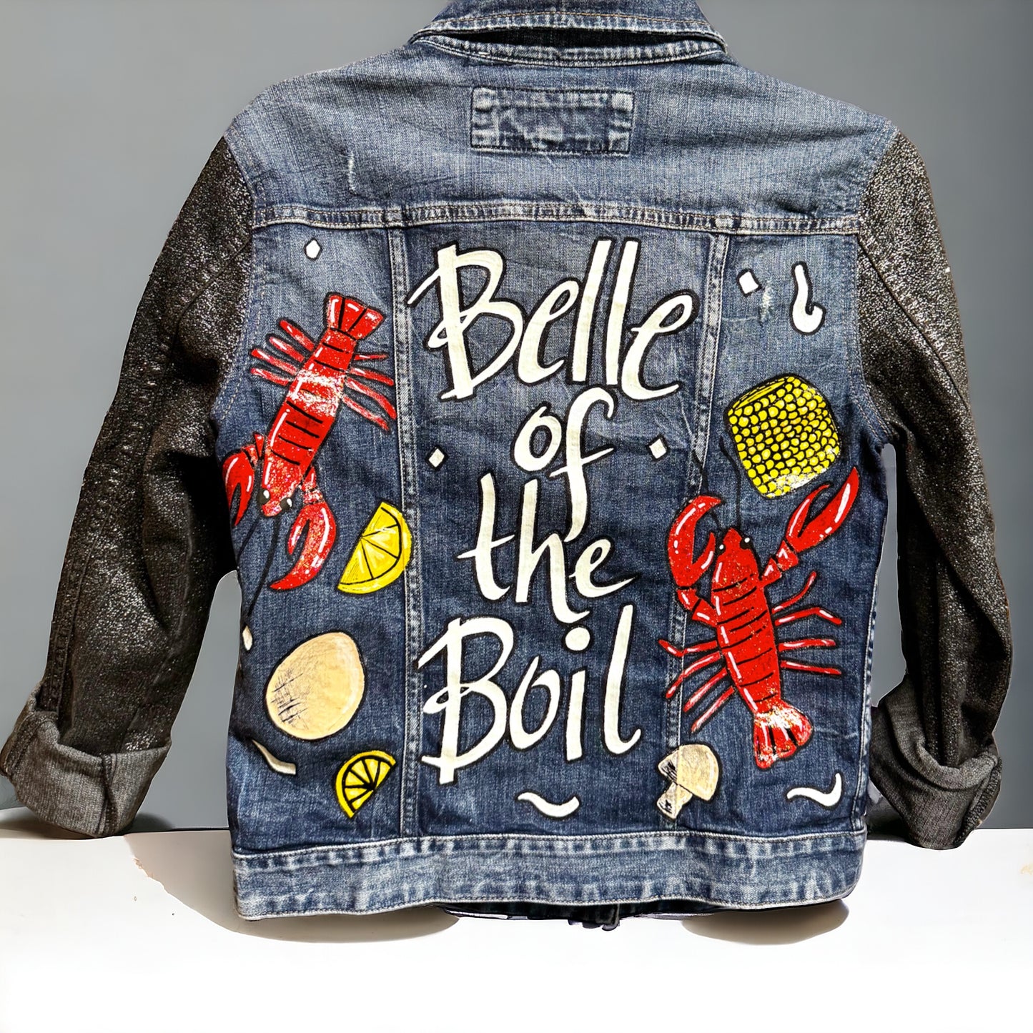 Hand Painted Jean Jacket: “Belle of the Boil” - Mardi Gras, Painted Jacket, New Orleans, Crawfish Boil, Easter Jacket, Belle of the Boil, Mudbug