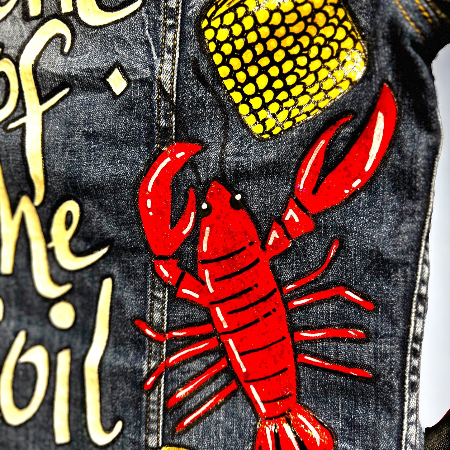 Hand Painted Jean Jacket: “Belle of the Boil” - Mardi Gras, Painted Jacket, New Orleans, Crawfish Boil, Easter Jacket, Belle of the Boil, Mudbug