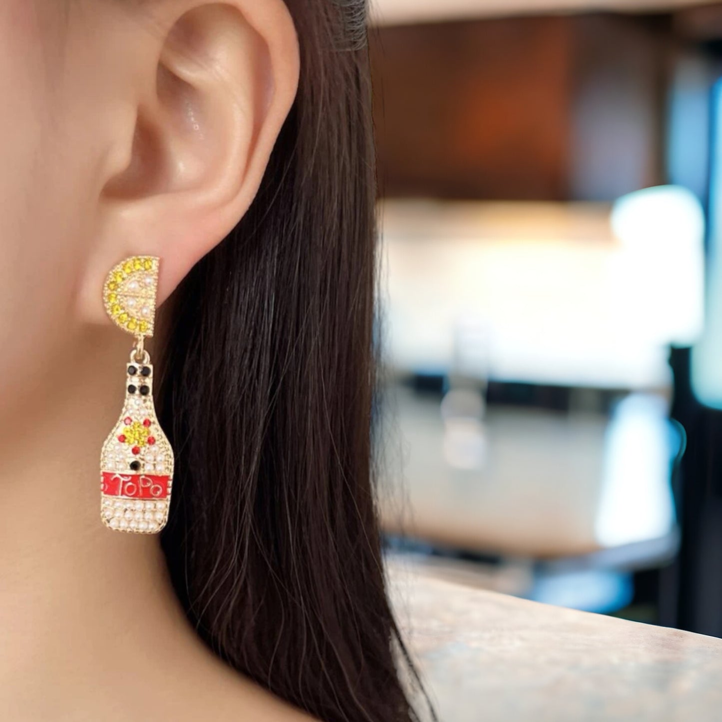 Topo Chico Earrings - Seltzer, Summer Cocktail, Drink Earrings, Rhinestone Earrings