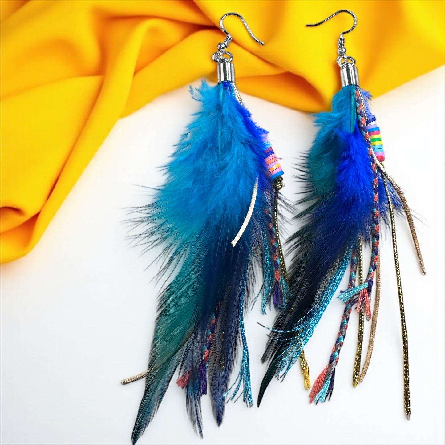 Colorful Boho Chic Feather & Beaded Tassel Dangle Earrings – Two Gorgeous Color Combos!