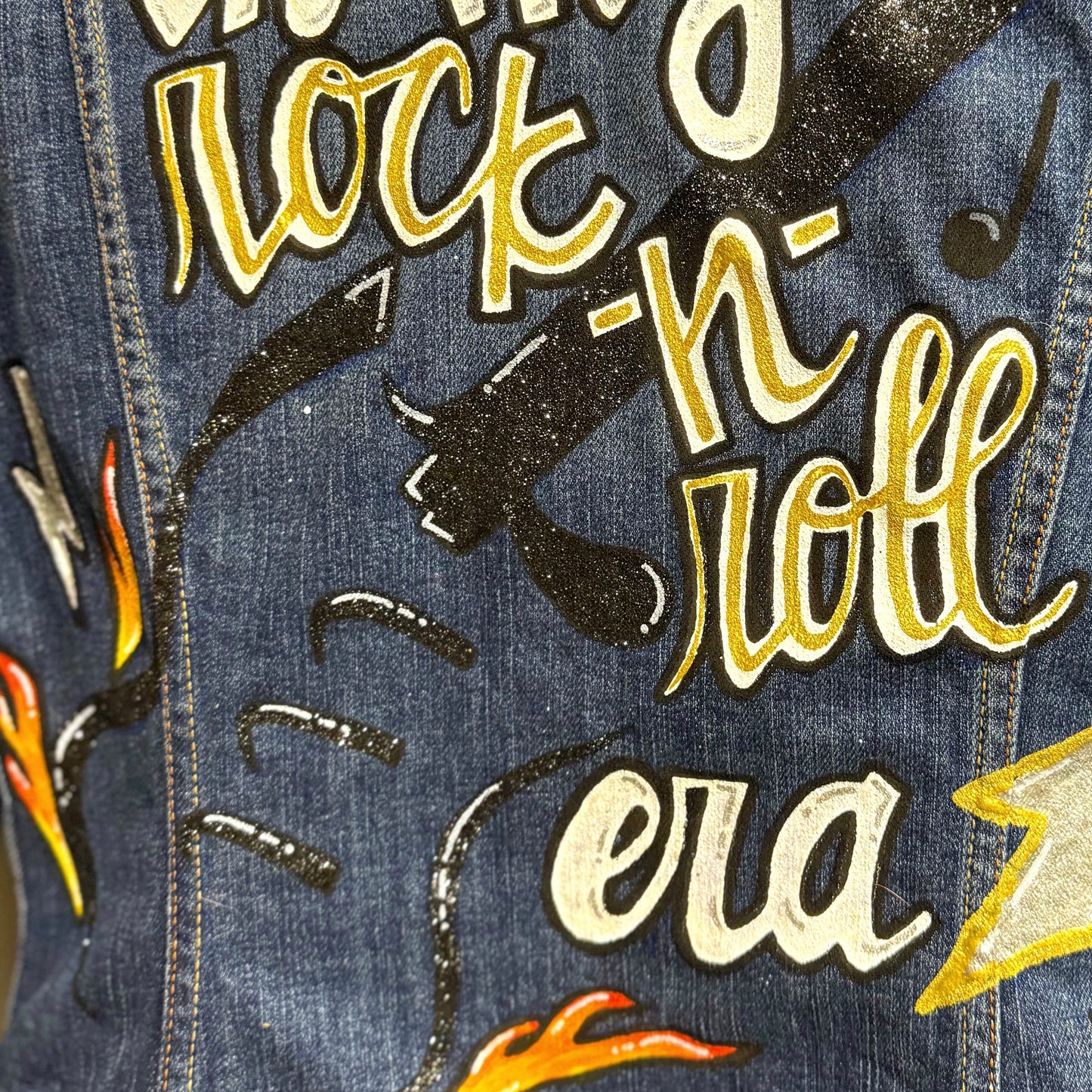 Hand Painted Jean Jacket: “In My Rock-n-Roll Era” - Eras Tour, Mardi Gras, Jazz Feat, New Orleans, Music Concert, Festival, Parade Outfit
