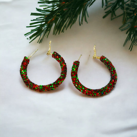 Christmas Hoops - Red and Green Hoops, Handmade Earrings, Glitter Earrings, Christmas Jewelry, Handmade Jewelry