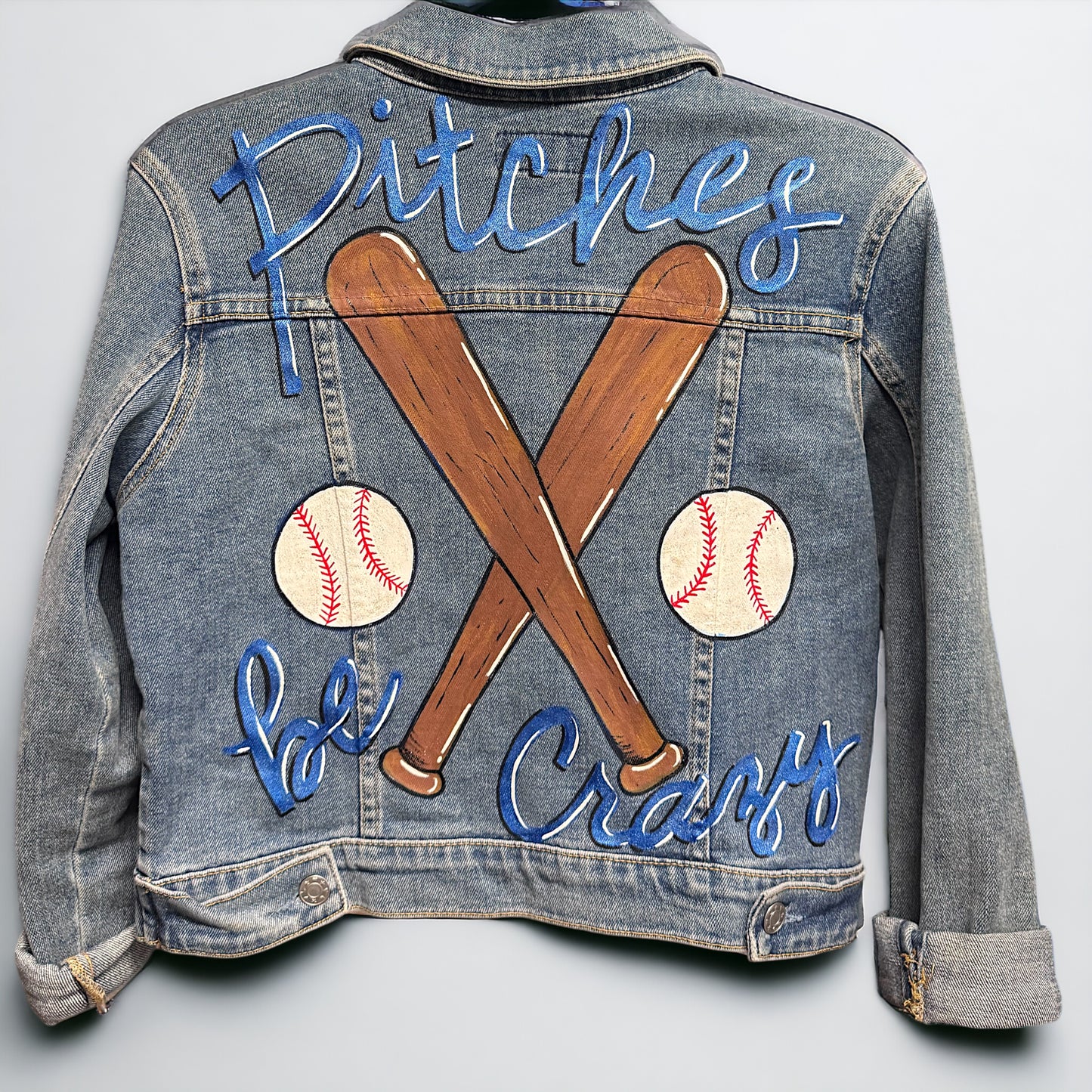 Pitches Be Crazy! Unique Hand-Painted Baseball Jean Jacket ⚾️