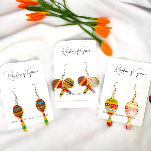 Fiesta Maracas Earrings - Mexican Noise Makers, Halloween Earrings, Halloween Costume, Cinco de Mayo, Taco Tuesday, Dia de los Muertos - Rhythms of Grace Creative