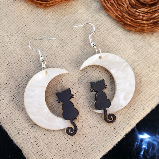 Cat Moon Earrings - Halloween Jewelry, Black Cat, Halloween Accessories, Trick or Treat, Cat Earrings, Moon Sliver