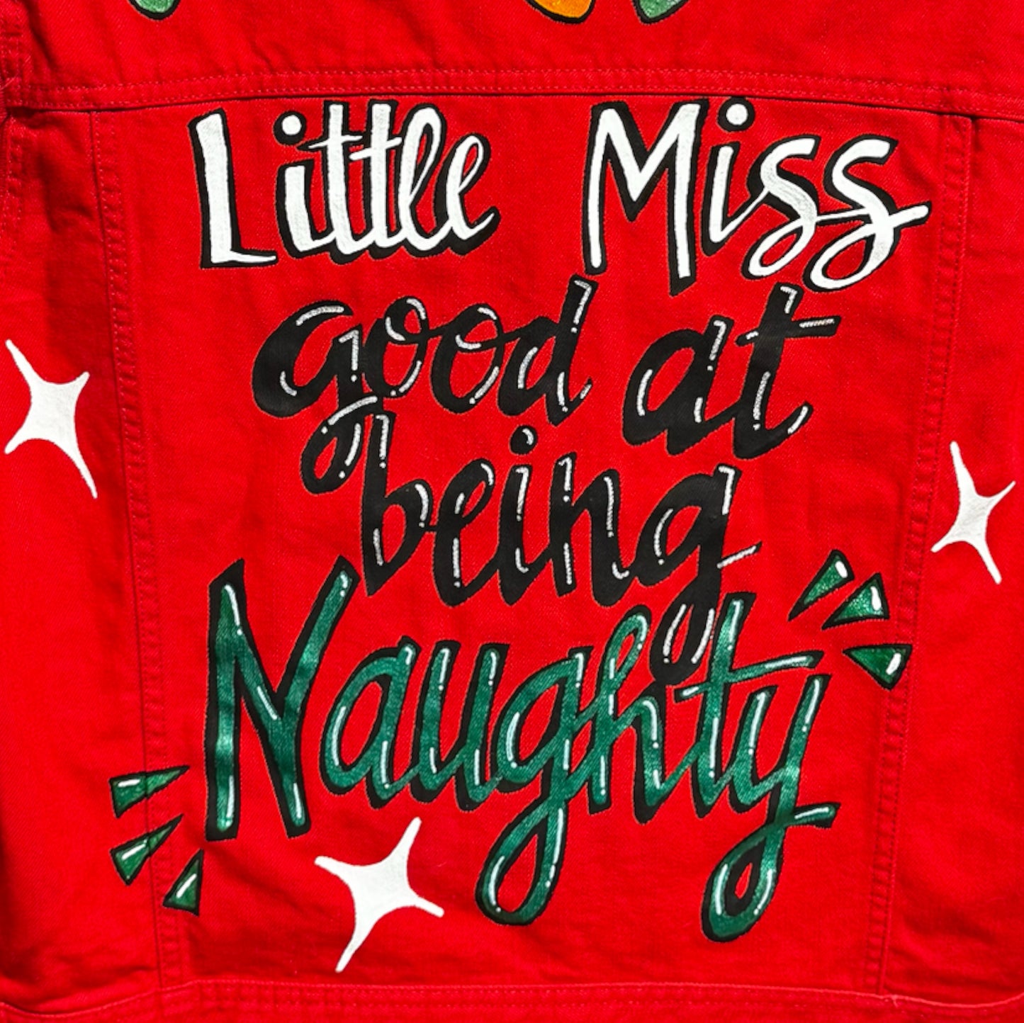 Hand Painted Jean Jacket: “Little Miss Good At Being Naughty”