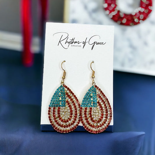 Sparkling Stars & Stripes Teardrop Dangle Earrings - Show Your Patriotic Pride!