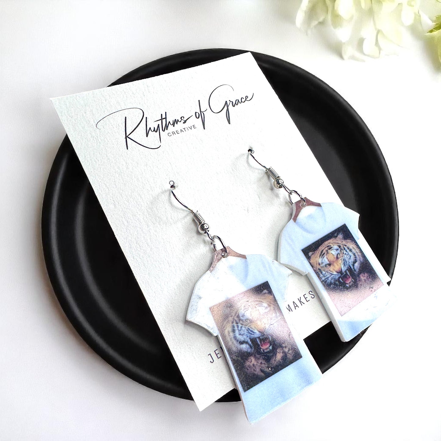 Tiger T-shirt Earrings - Tiger Earrings, Crazy Cat Lady, Tigers Football, Animal Lover, Vet Tech, Veterinarian Gift, Fur Mom, Tiger Shirt - Rhythms of Grace Creative