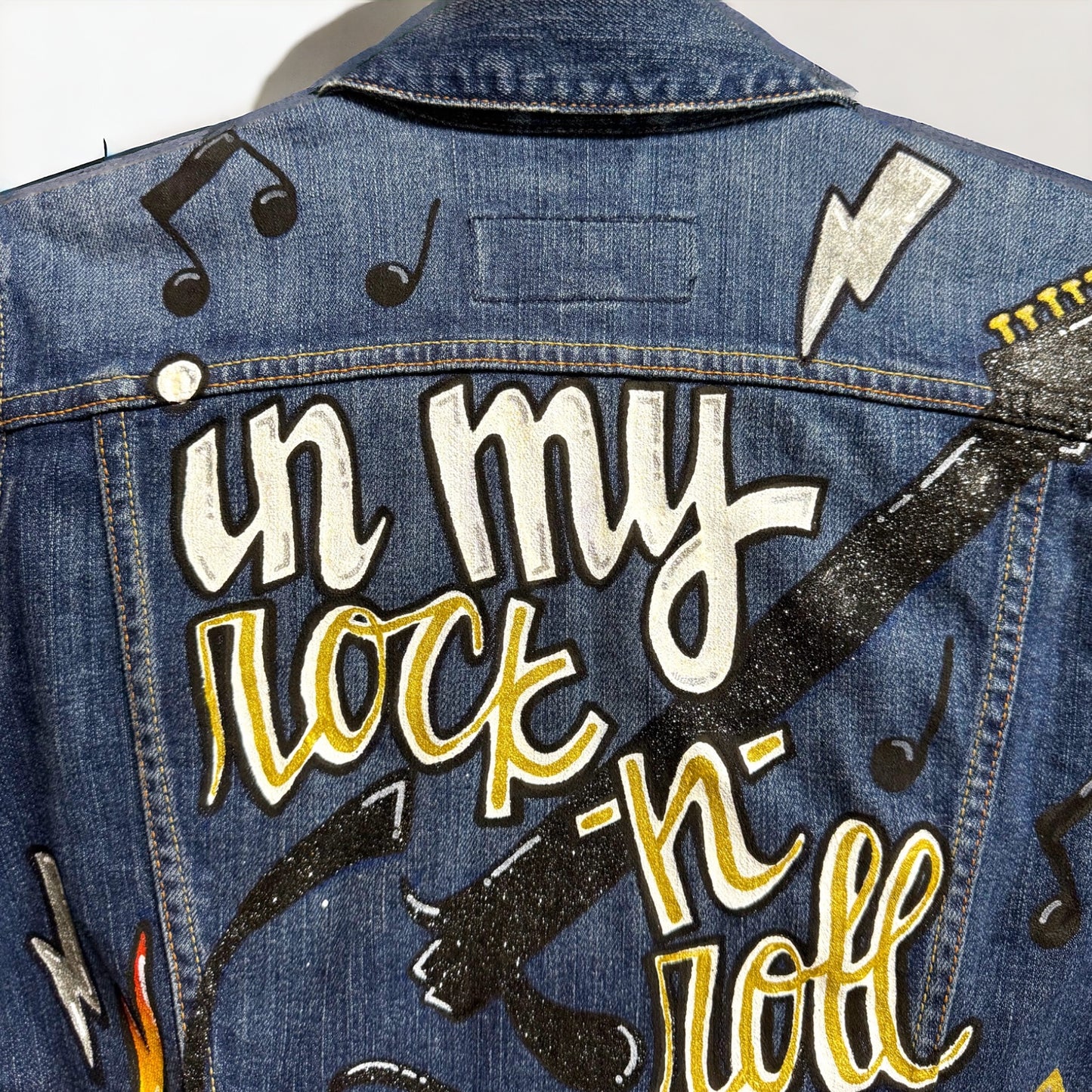 Hand Painted Jean Jacket: “In My Rock-n-Roll Era” - Eras Tour, Mardi Gras, Jazz Feat, New Orleans, Music Concert, Festival, Parade Outfit