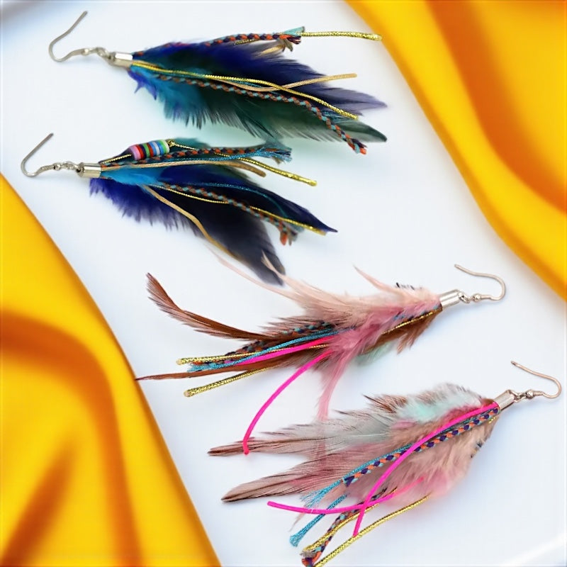 Colorful Boho Chic Feather & Beaded Tassel Dangle Earrings – Two Gorgeous Color Combos!