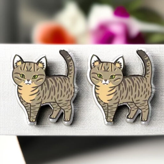 Feline Fine: Adorable Grey Tabby Cat Stud Earrings for Cat Lovers!