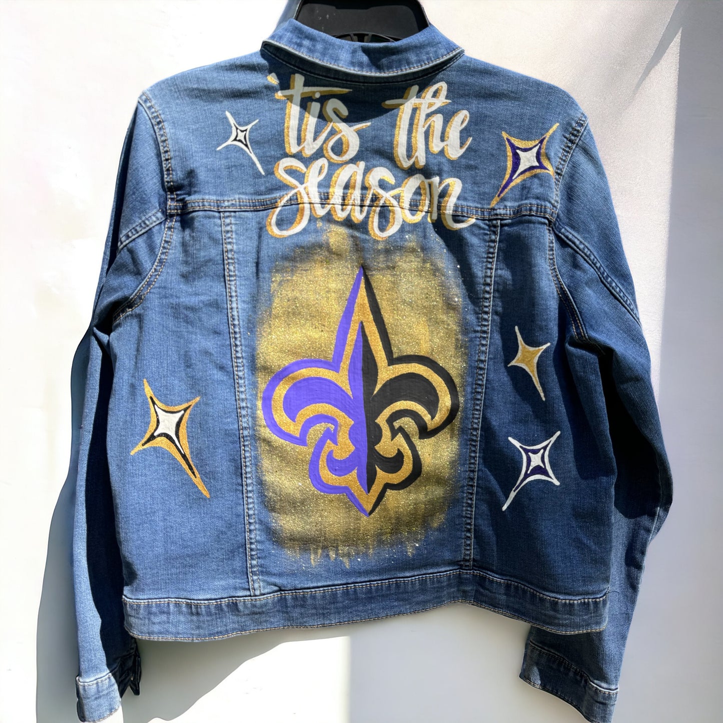 Hand-Painted Jean Jacket: ‘Tis the Season! | Perfect for LSU & Saints Fans | Fashionable Fitted Cropped Denim