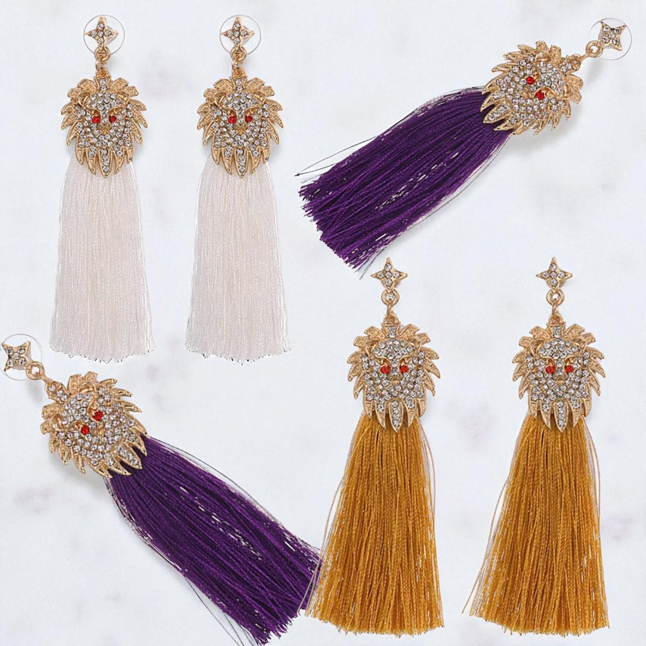 Rhinestone Lion Tassel Dangle Earrings - Available in Three Colors!