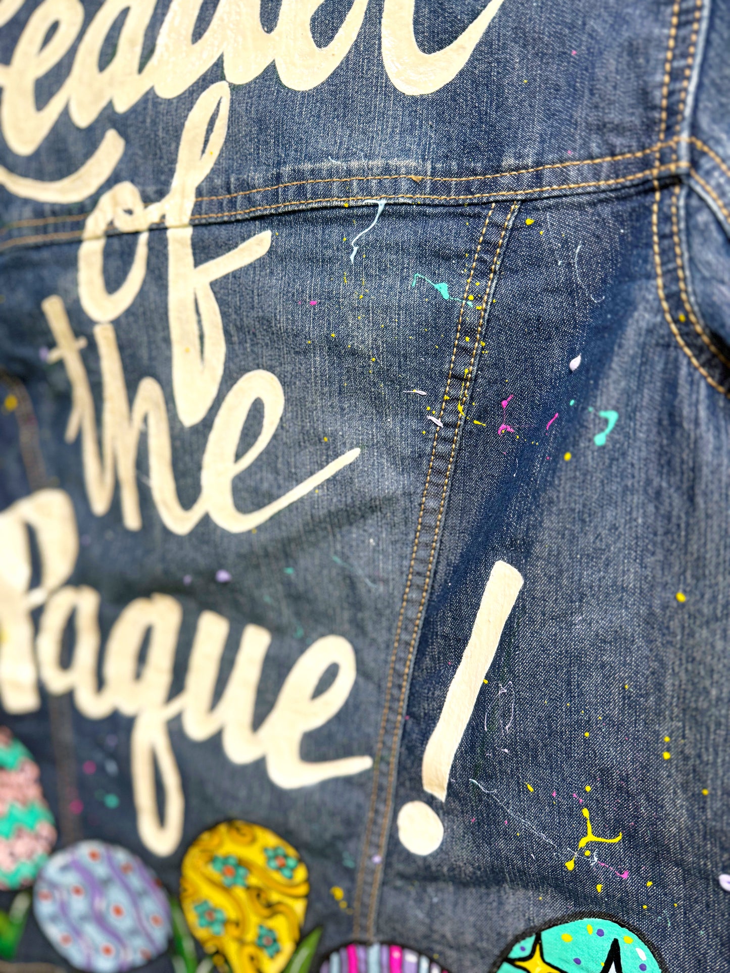 Hand Painted Jean Jacket: “Leader of the Paque”  - Cajun Jacket, Easter Jacket, New Orleans, Happy Easter, Egg Paqueing