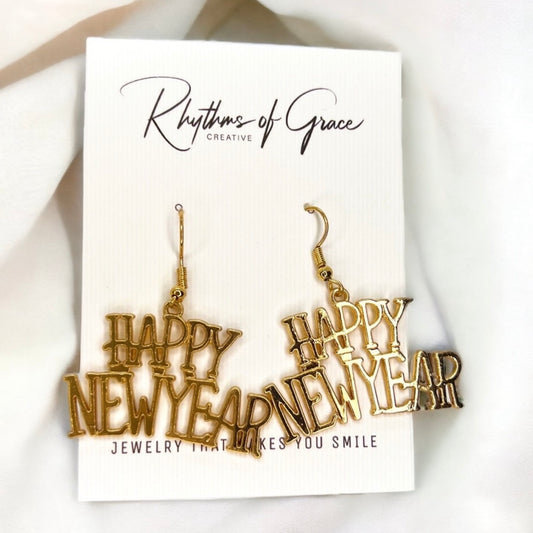 Gold Dangle Happy New Year Dangle Earrings - Celebrate in Style! - Rhythms of Grace Creative
