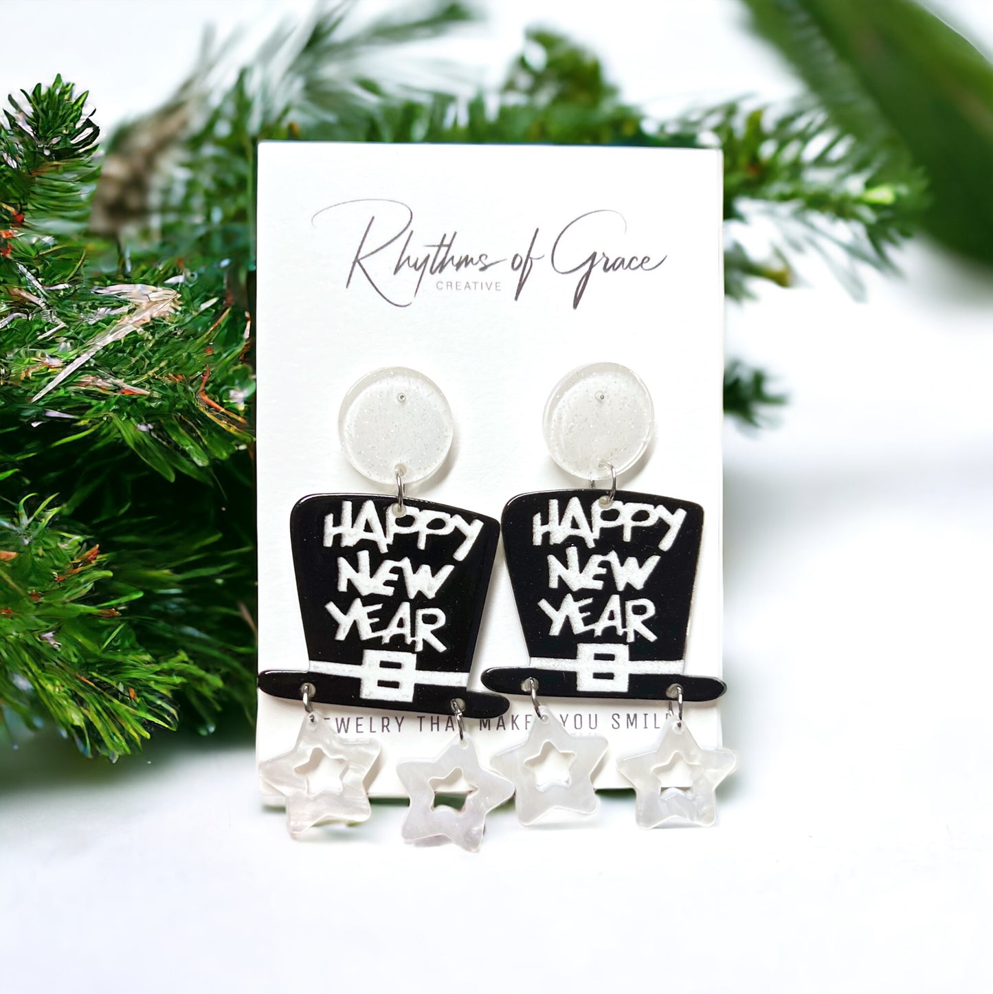 Black & White “Happy New Year” Earrings - Rhythms of Grace Creative