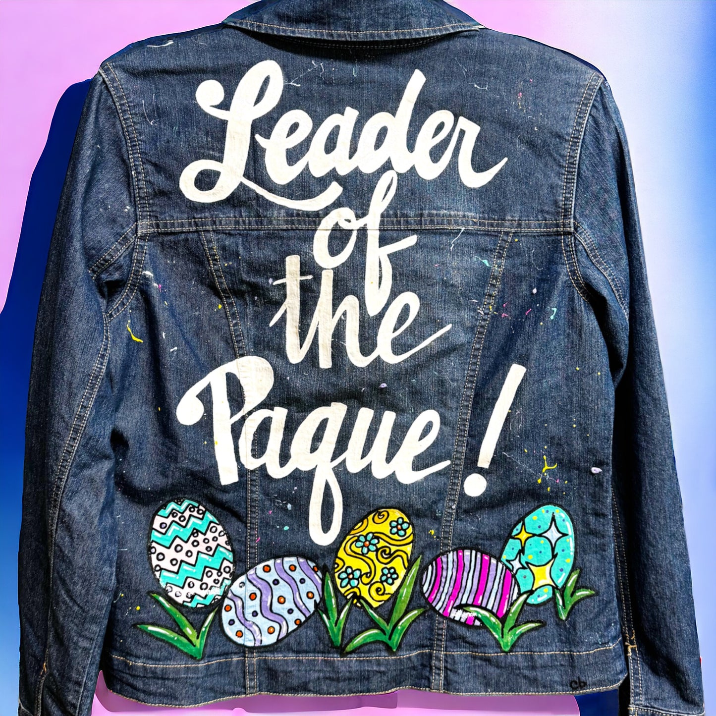 Hand Painted Jean Jacket: “Leader of the Paque”  - Cajun Jacket, Easter Jacket, New Orleans, Happy Easter, Egg Paqueing