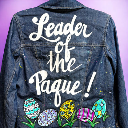 Hand Painted Jean Jacket: “Leader of the Paque”  - Cajun Jacket, Easter Jacket, New Orleans, Happy Easter, Egg Paqueing