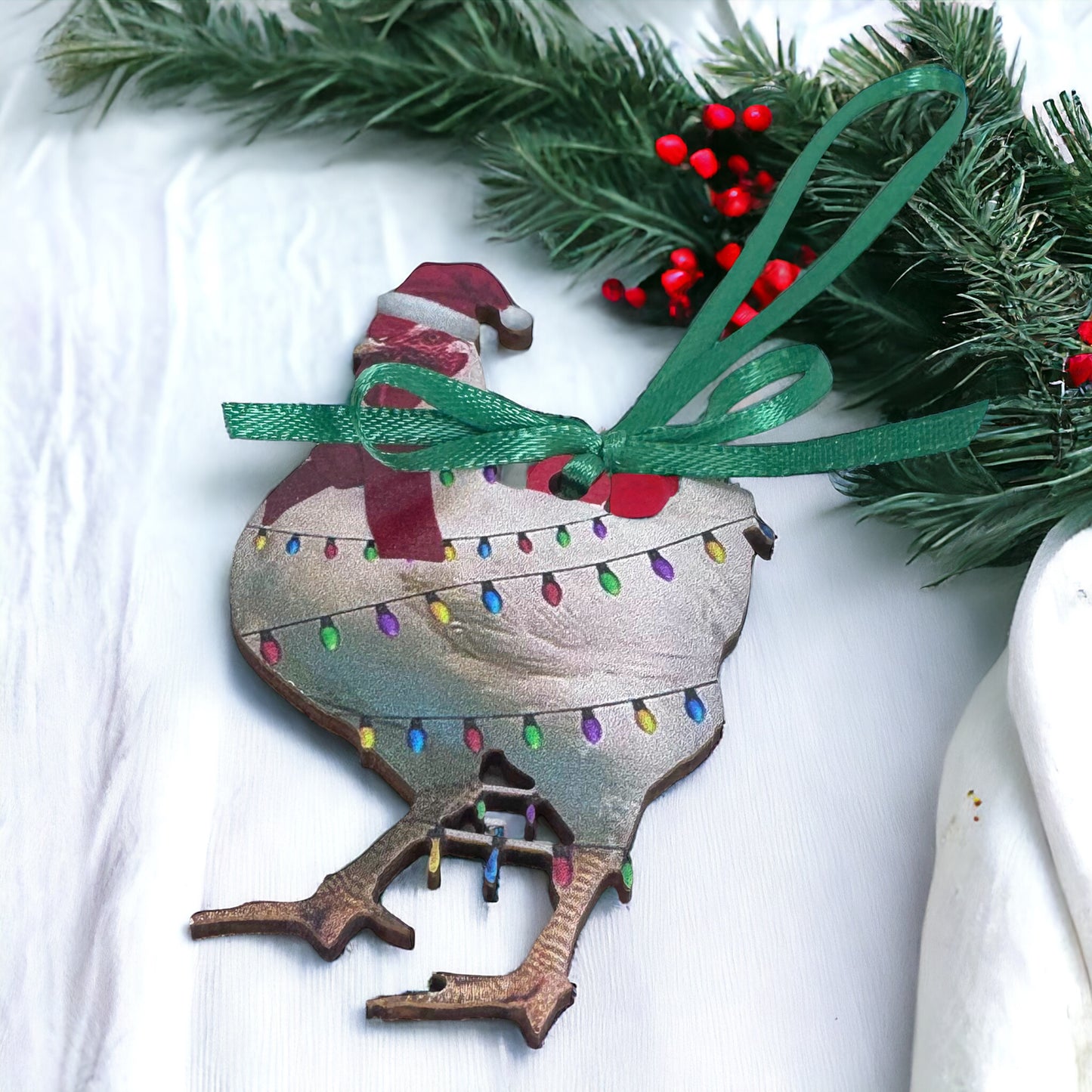 Cluckin' Around the Christmas Tree – White Rooster Ornament